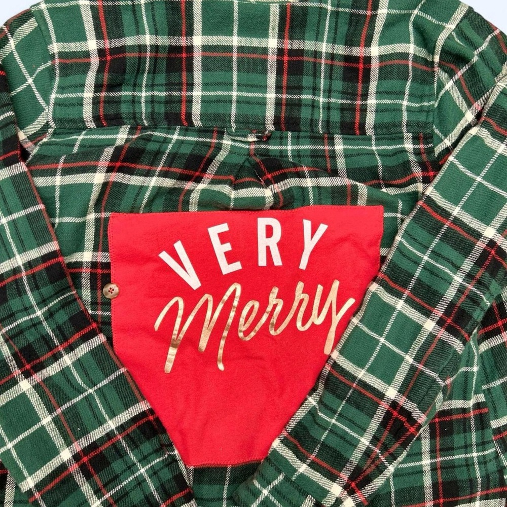 Upcycled “Very Merry” Green Plaid Button Down Shirt